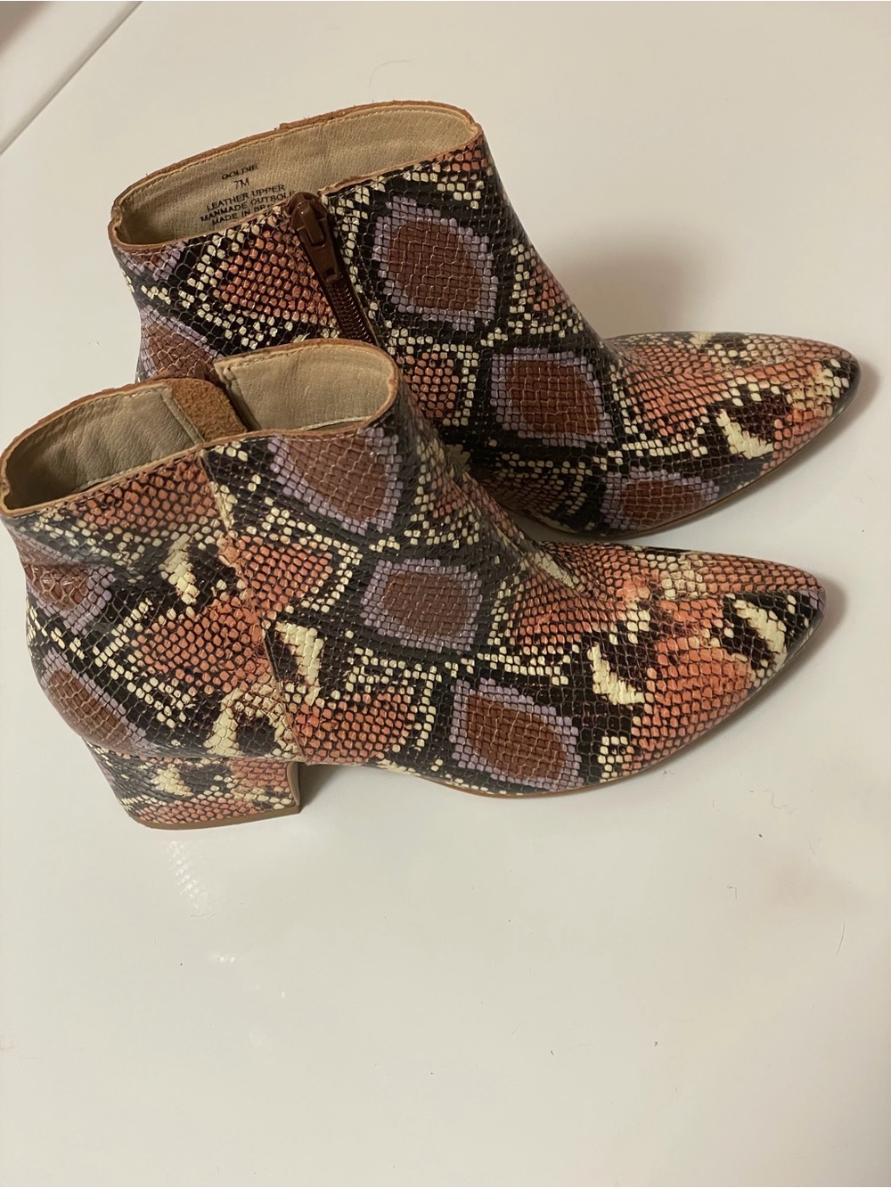 Matisse “GOLDIE”  Snake-Print Pointed Toe Ankle Boots